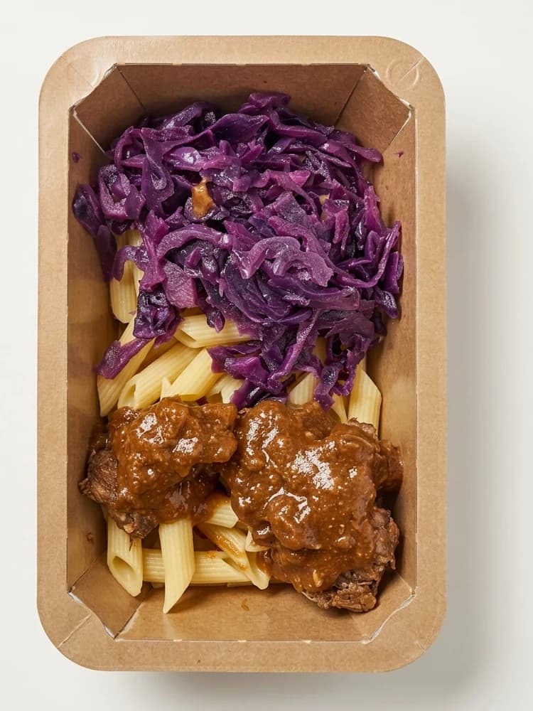 Ragoût de paleron mariné, chou rouge aux pommes et penne